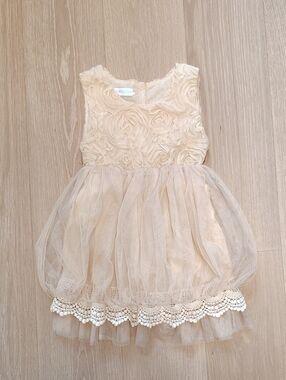 Girls' Cream Floral Rosette Tulle Party Dress